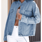 Magdalena Sky Blue Roll-Up Tab Sleeve Button Down Pocket Denim Jacket