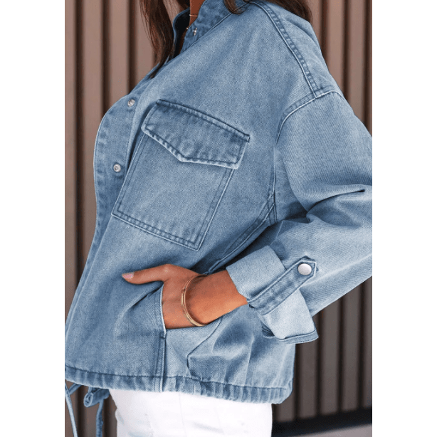 Magdalena Sky Blue Roll-Up Tab Sleeve Button Down Pocket Denim Jacket