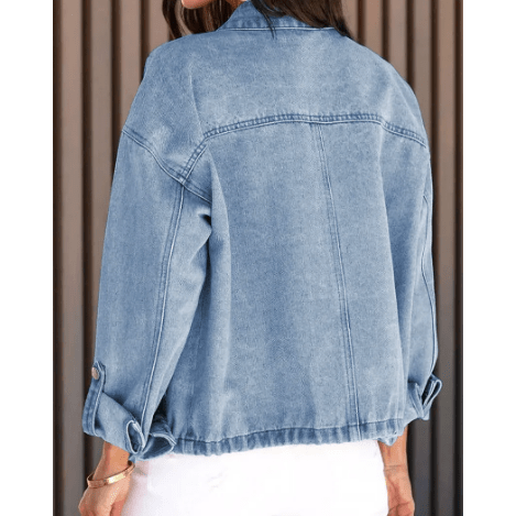 Magdalena Sky Blue Roll-Up Tab Sleeve Button Down Pocket Denim Jacket