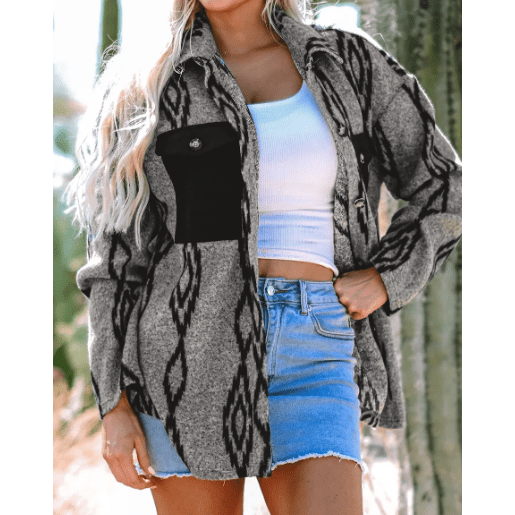 Allison Aztec Contrast Chest Pockets Loose Shacket