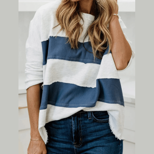 Marney Sail Blue Colorblock Striped Patchwork 3/4 Sleeve Raw Seamed Sweatshirt