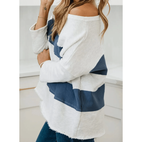 Marney Sail Blue Colorblock Striped Patchwork 3/4 Sleeve Raw Seamed Sweatshirt