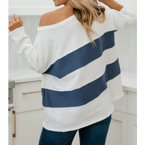 Marney Sail Blue Colorblock Striped Patchwork 3/4 Sleeve Raw Seamed Sweatshirt