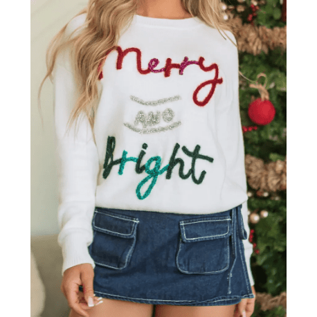 White Tinsel Merry and Bright Graphic Christmas Sweater