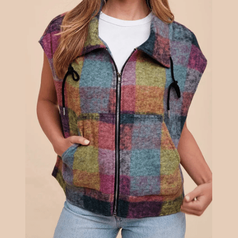 Gladys Multicolor Plaid Print Side Pockets Zipped Loose Vest