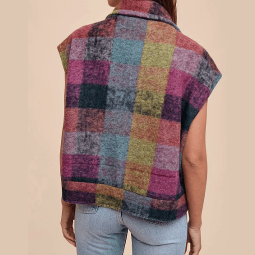 Gladys Multicolor Plaid Print Side Pockets Zipped Loose Vest