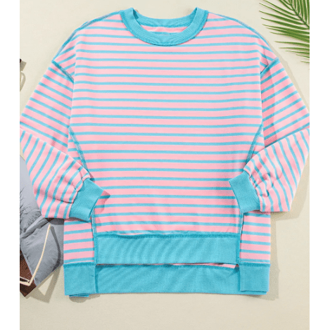 Phillis Pink Stripe Contrast Trim High Low Pullover Tunic Sweatshirt