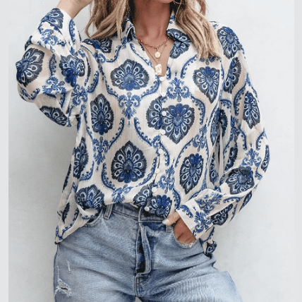 Skyla Blue Tribal Pattern Buttoned Front Loose Shirt