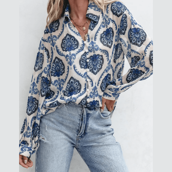 Skyla Blue Tribal Pattern Buttoned Front Loose Shirt