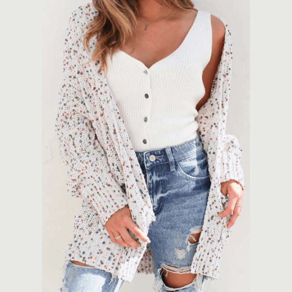 Soph White Confetti Rib Knit Long Sleeve Cardigan