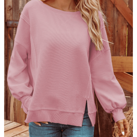 Jayleen Pink Waffle knit Bishop Sleeve Split Oversized Top