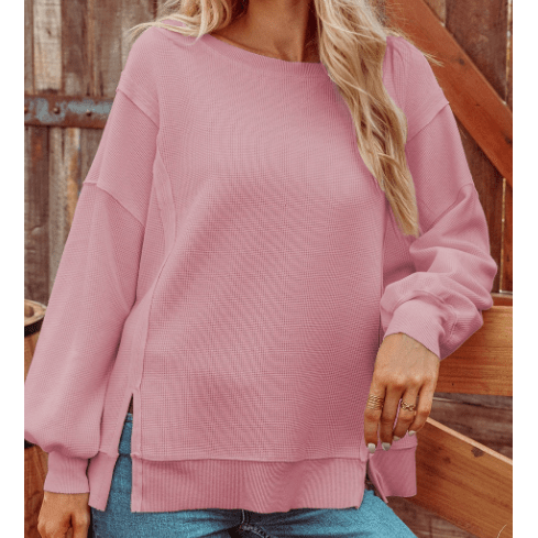 Jayleen Pink Waffle knit Bishop Sleeve Split Oversized Top