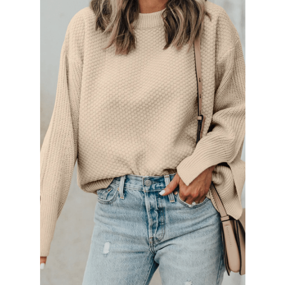 Charidy Parchment Textured Knit Split Cuff Drop Shoulder Loose Sweater