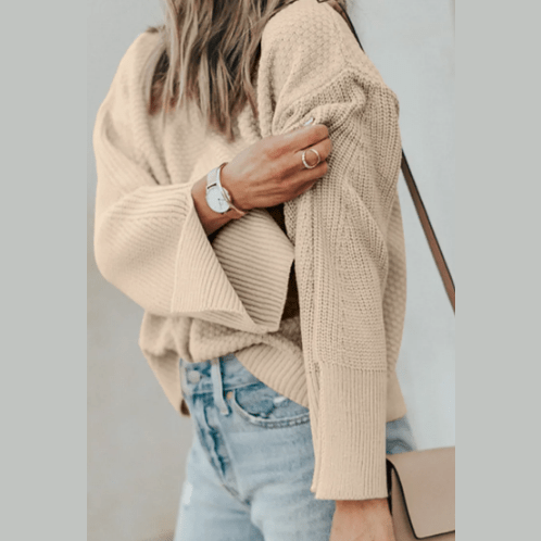 Charidy Parchment Textured Knit Split Cuff Drop Shoulder Loose Sweater