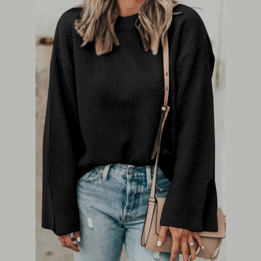 Charidy Black Textured Knit Split Cuff Drop Shoulder Loose Sweater