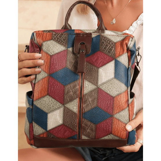 Deedra Chestnut Geometric Soft PU Leather Large Convertible Backpack