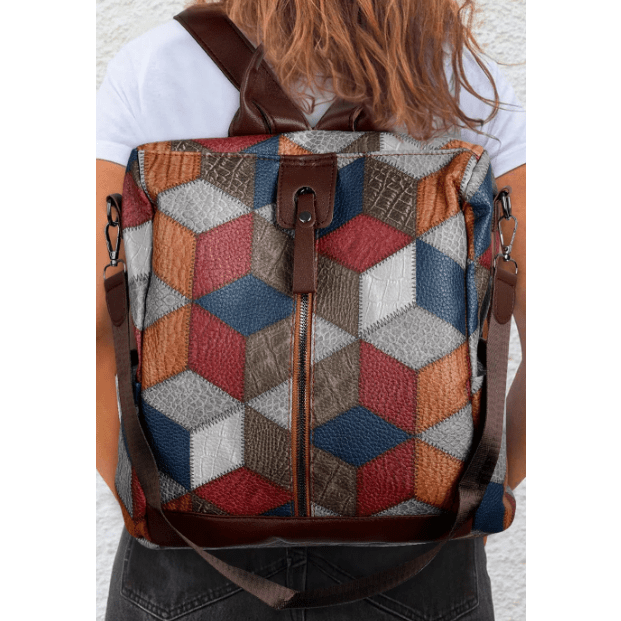 Deedra Chestnut Geometric Soft PU Leather Large Convertible Backpack