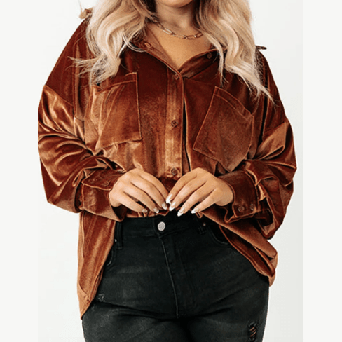 Kadie Chestnut PLUS SIZE Velvet Chest Pocket Drop Shoulder Shirt