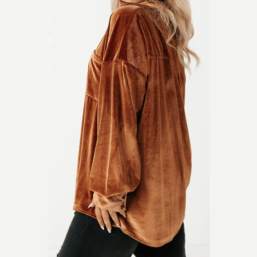 Kadie Chestnut PLUS SIZE Velvet Chest Pocket Drop Shoulder Shirt