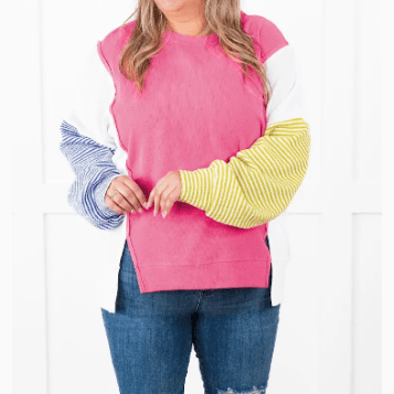 Sissy Colorblock Patchwork Striped Puff Sleeve PLUS SIZE Top with Slits