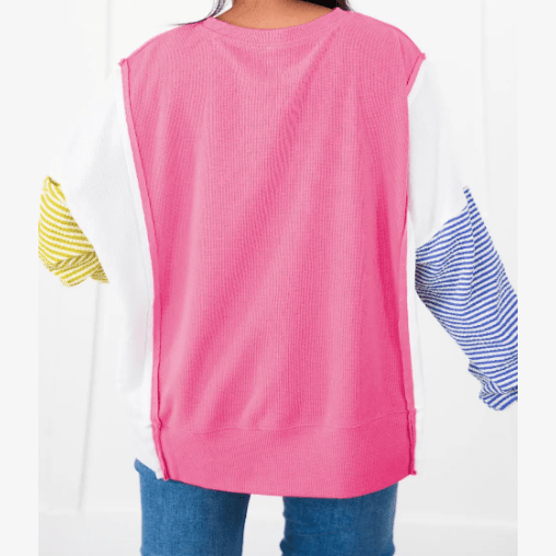 Sissy Colorblock Patchwork Striped Puff Sleeve PLUS SIZE Top with Slits