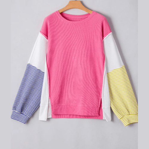 Sissy Colorblock Patchwork Striped Puff Sleeve PLUS SIZE Top with Slits