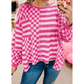 Mina Hot Pink Checkerboard Striped Patchwork Lantern Sleeve Pocketed Blouse