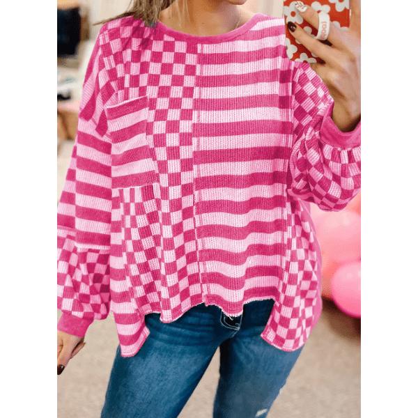 Mina Hot Pink Checkerboard Striped Patchwork Lantern Sleeve Pocketed Blouse