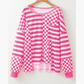 Mina Hot Pink Checkerboard Striped Patchwork Lantern Sleeve Pocketed Blouse