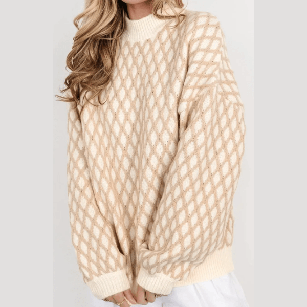 Shelly Oatmeal Diamond Knit Drop Shoulder Loose Sweater