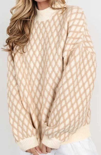 Shelly Oatmeal Diamond Knit Drop Shoulder Loose Sweater