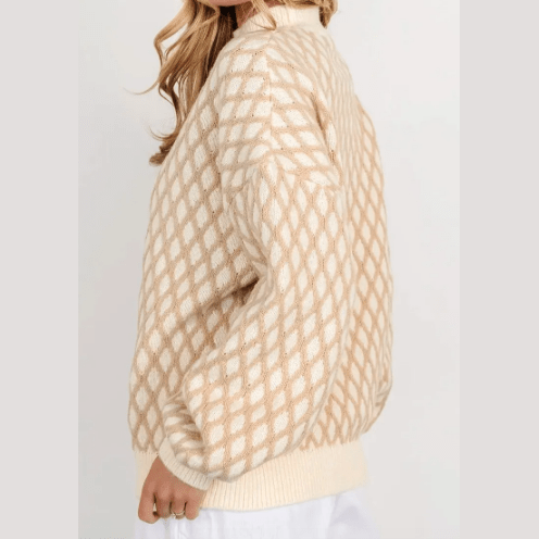 Shelly Oatmeal Diamond Knit Drop Shoulder Loose Sweater