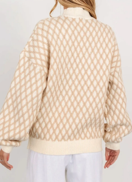 Shelly Oatmeal Diamond Knit Drop Shoulder Loose Sweater