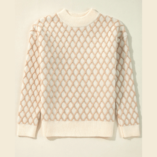 Shelly Oatmeal Diamond Knit Drop Shoulder Loose Sweater