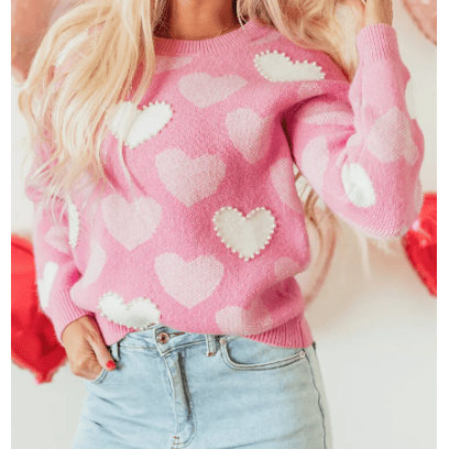 Fae Pink Pearled Heart Print Valentines Crew Neck Sweater