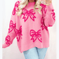Rhianna Pink Bow Pattern Drop Shoulder Loose Sweater
