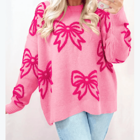 Rhianna Pink Bow Pattern Drop Shoulder Loose Sweater