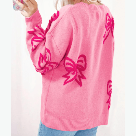 Rhianna Pink Bow Pattern Drop Shoulder Loose Sweater