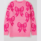 Rhianna Pink Bow Pattern Drop Shoulder Loose Sweater