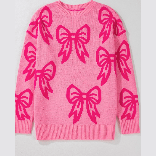 Rhianna Pink Bow Pattern Drop Shoulder Loose Sweater