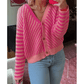 Maxanne Pink Striped Buttoned V Neck Drop Shoulder Cardigan
