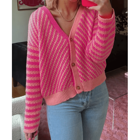 Maxanne Pink Striped Buttoned V Neck Drop Shoulder Cardigan