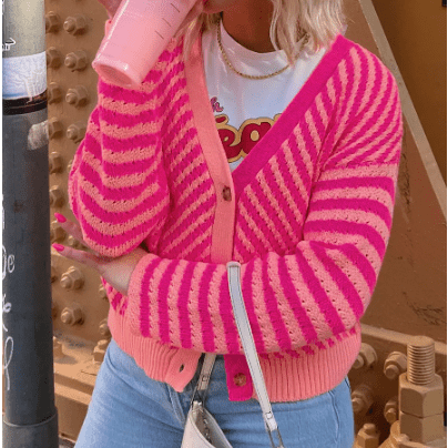 Maxanne Pink Striped Buttoned V Neck Drop Shoulder Cardigan
