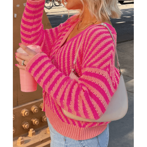 Maxanne Pink Striped Buttoned V Neck Drop Shoulder Cardigan