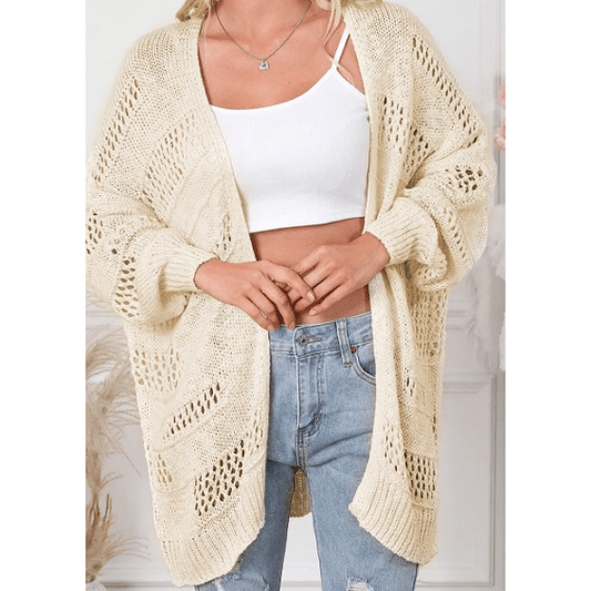 Elleigh Apricot Casual Hollowed Knit Dolman Sleeve Cardigan