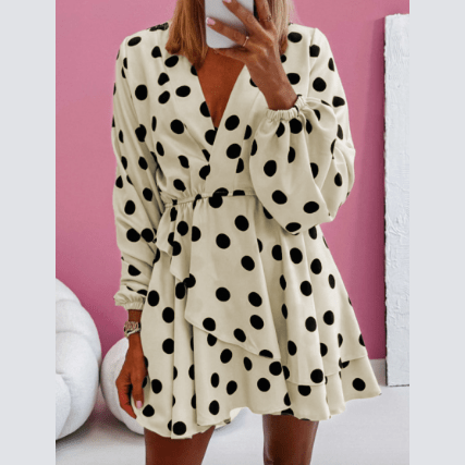 Allona Beige Polka Dot Printed Surplice V Neck Puff Sleeve Mini Dress