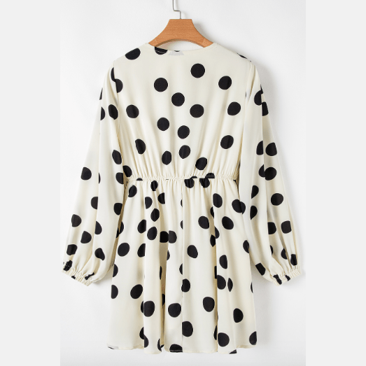 Allona Beige Polka Dot Printed Surplice V Neck Puff Sleeve Mini Dress