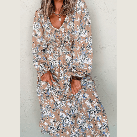 Halsie Khaki Maple Grove Floral Smocked Puff Sleeve Long Dress