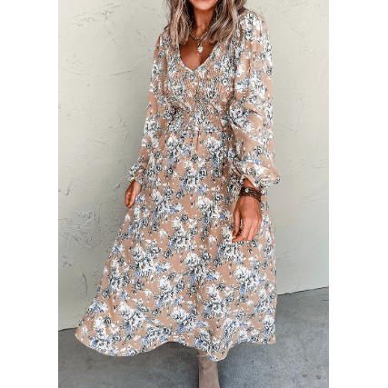 Halsie Khaki Maple Grove Floral Smocked Puff Sleeve Long Dress