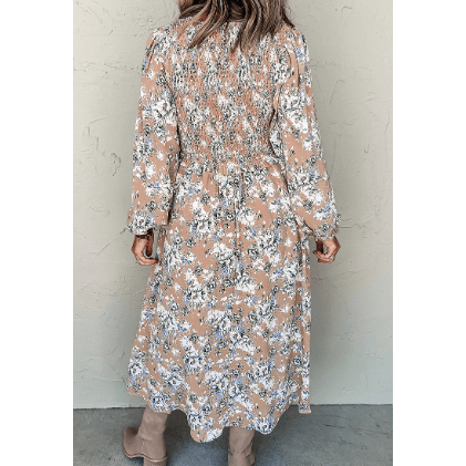 Halsie Khaki Maple Grove Floral Smocked Puff Sleeve Long Dress
